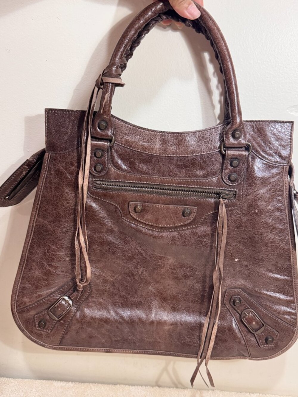 Balenciaga Paris Women's Brown Leather Motorcycle City Tote Bag Made in Italy